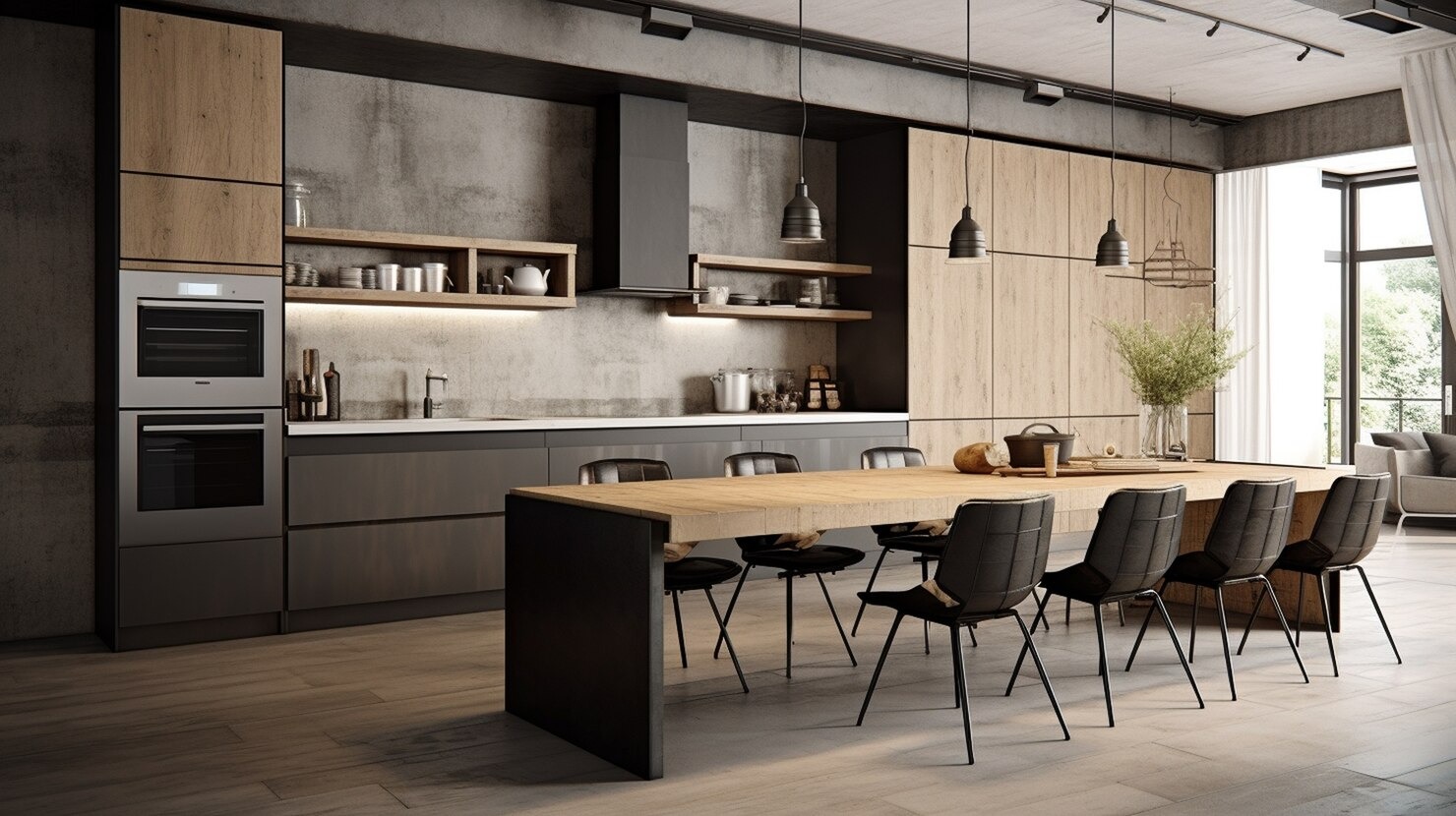Luxury Kitchen Cabinets Lexington 2 - Cabinets on Main Contemporary kitchen with a long wooden dining island, black chairs, and concrete walls with open shelving.
