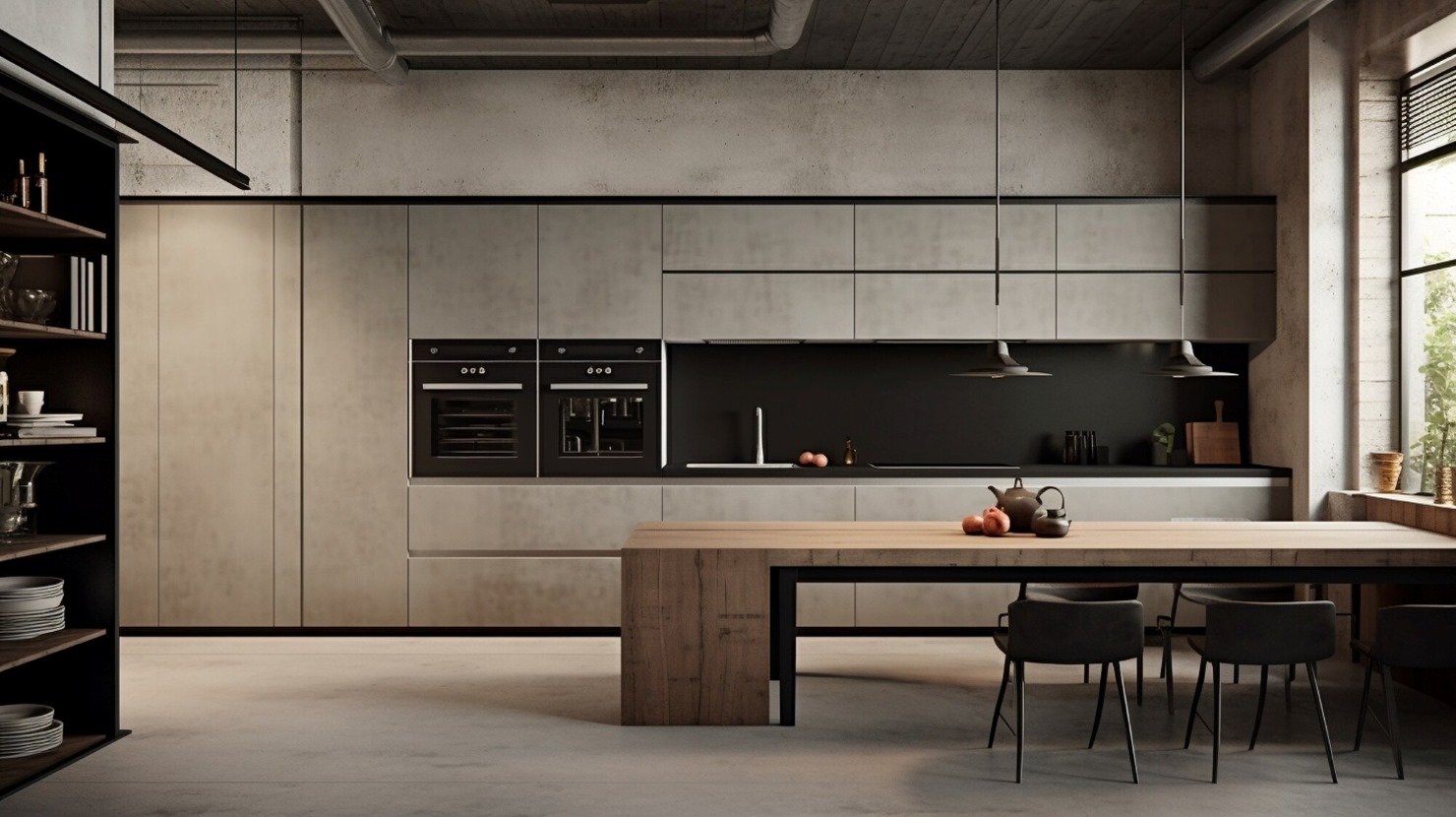 Luxury Kitchen Cabinets Lexington 3 - Cabinets on Main - Cabinets on Main Modern industrial kitchen: tall gray cabinets, built-in double ovens, black backsplash, and a wooden dining island,