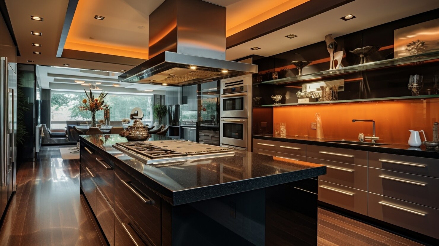 Modern black-gloss kitchen with a large island, gas cooktop, and stainless steel double ovens.