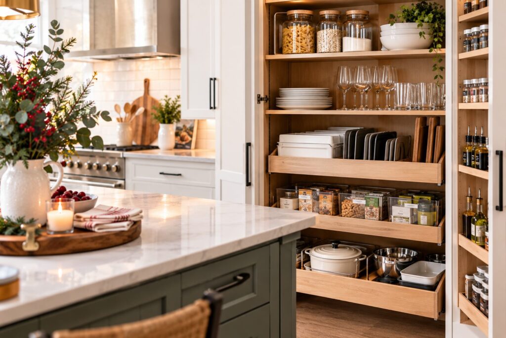 Pantry shelving arranged around everyday groceries